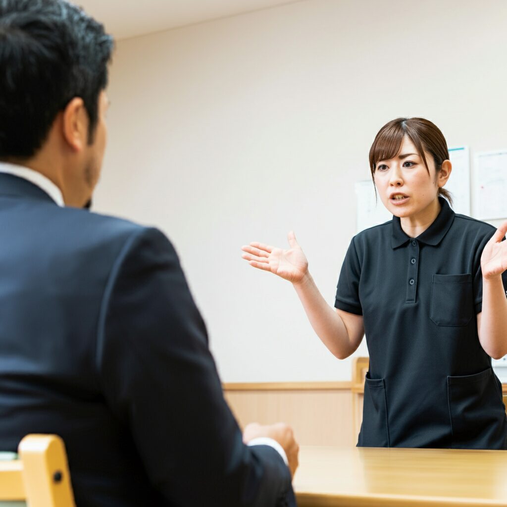 インタビュー中、熱が入りすぎてしまい、不満をぶつけてしまう介護職員