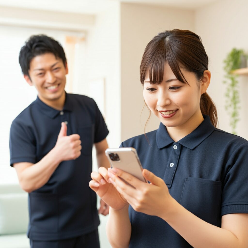 スマートフォンからSNS投稿する介護職員と、いいねする同僚