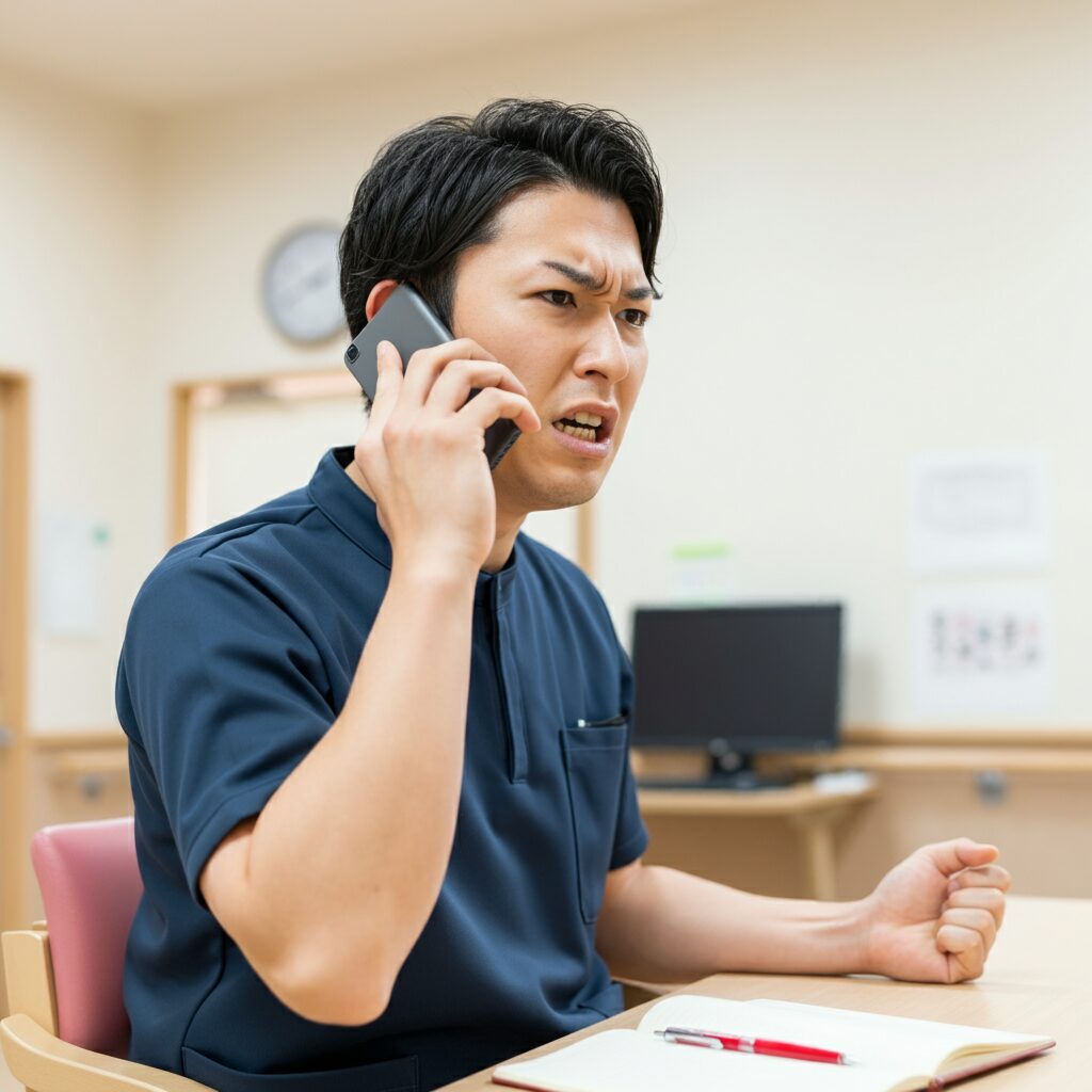 怒って電話をしている介護職員